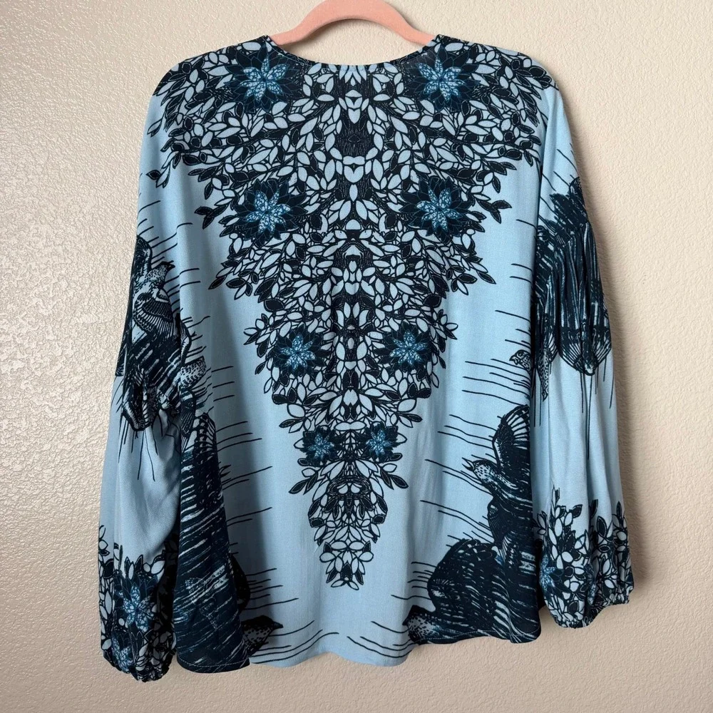 Free People Top XS Blue Birds of a Feather Floral Balloon Sleeve Boho Oversized